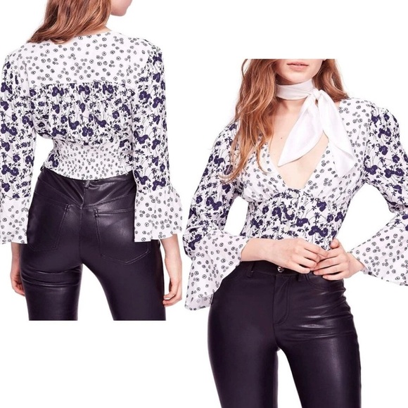 Free People Lady Bohemian Bell Floral Crop Smock Top Blue Boho Button Blouse L - Picture 2 of 13